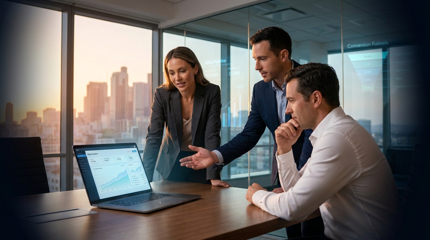 Executive sales meeting in modern conference room with AI-powered pipeline dashboard